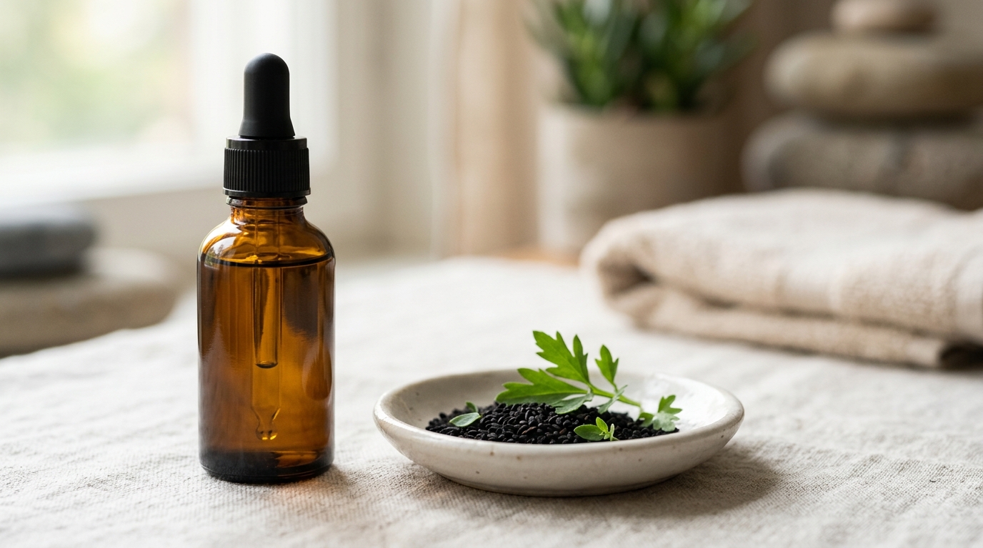 Aesthetic facial skincare with amber glass dropper bottle of black seed oil
