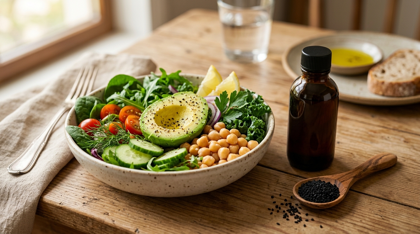 Healthy balanced Mediterranean lifestyle setup with black seed oil for blood sugar support