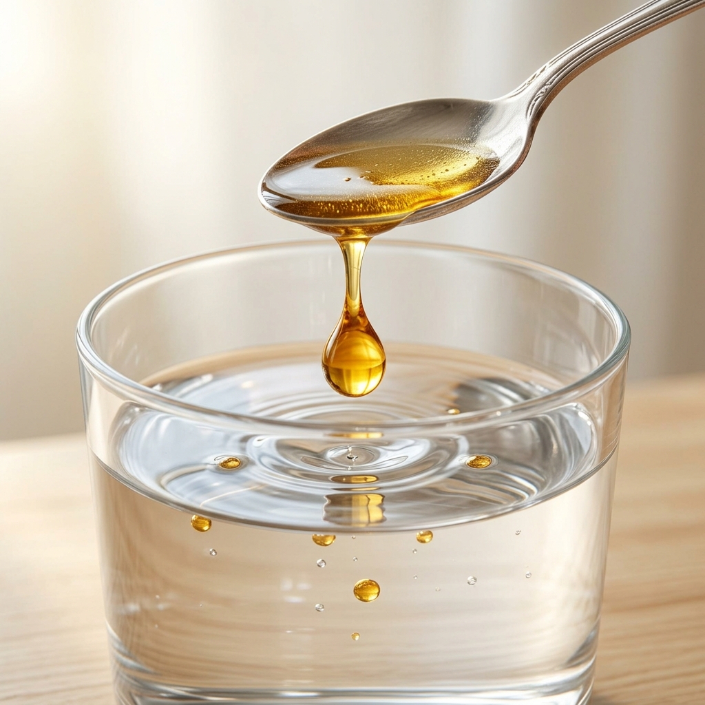 Goldener Tropfen Schwarzkümmelöl auf einem silbernen Löffel