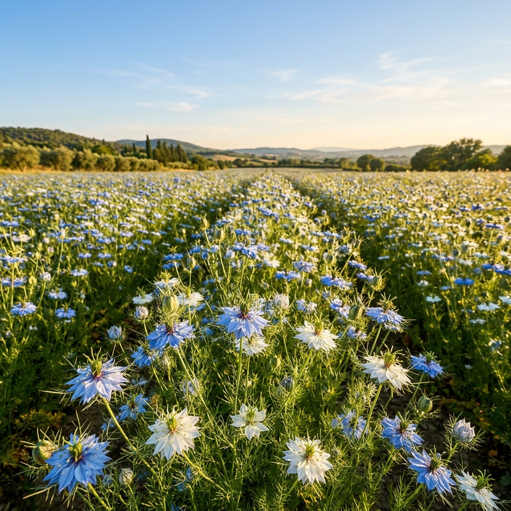 Blühendes Feld mit Nigella Sativa (Echter Schwarzkümmel) in voller Sonnenblüte