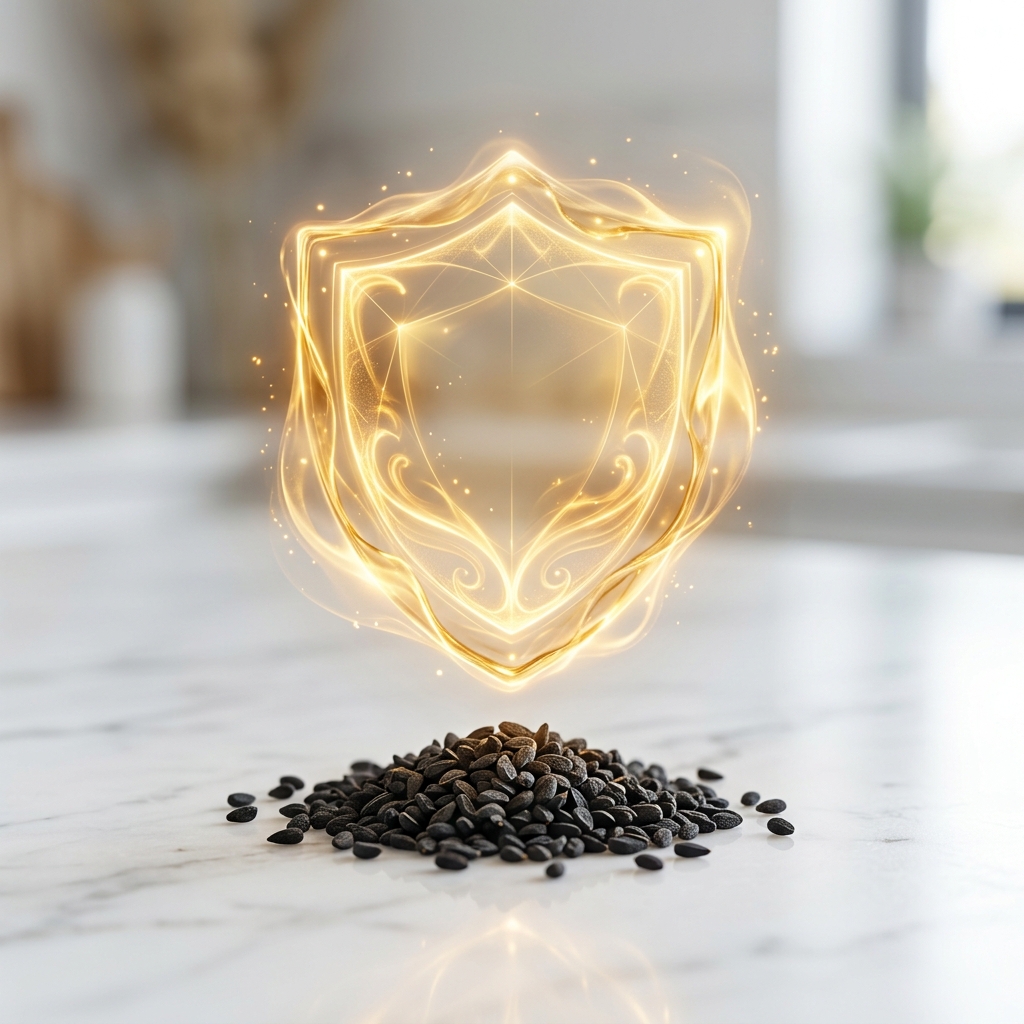 Goldenes Schutzschild Symbol aus Schwarzkümmelöl, das starke Abwehrkräfte symbolisiert