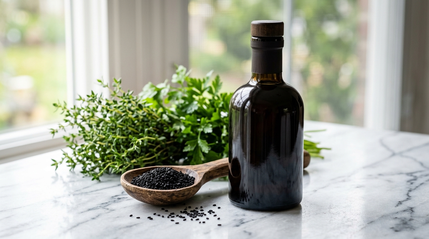 Bestes Schwarzkümmelöl kaufen: Premium Bio-Qualität in unbeschrifteter dunkler Glasflasche