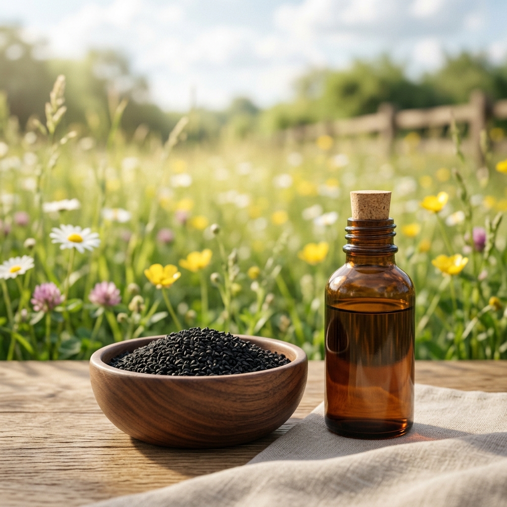Sanftes Schwarzkümmelöl in der Natur, ideal für Kinder