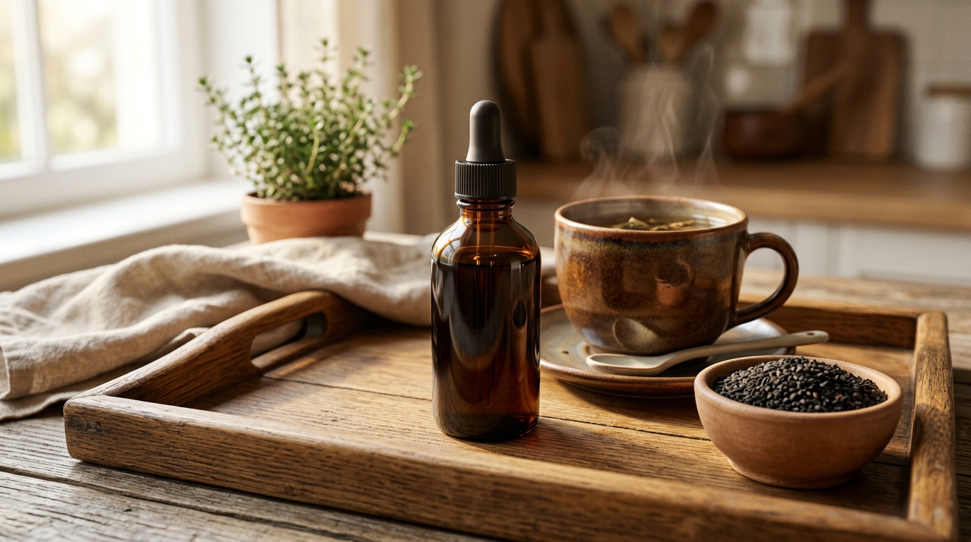 Sanfte pflanzliche Magen-Darm Pflege mit Schwarzkümmelöl und Kräutertee