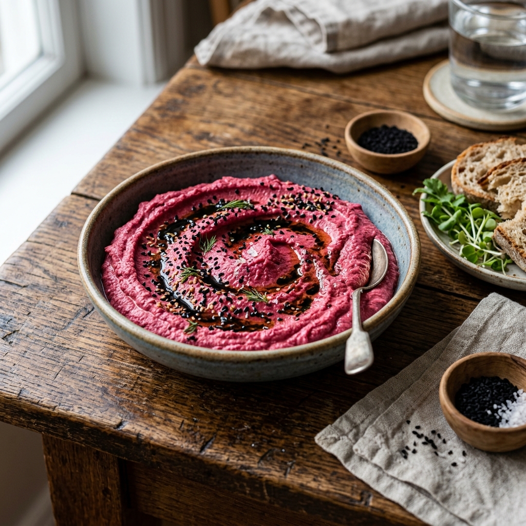 Cremiges Rote Bete Hummus in einer Schale dekoriert mit Minze und Schwarzkümmelöl
