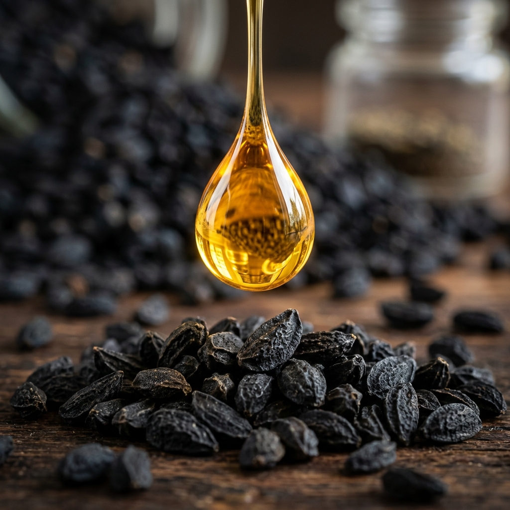 Ein leuchtender goldener Öltropfen über Schwarzkümmelsamen, der das Thymochinon symbolisiert