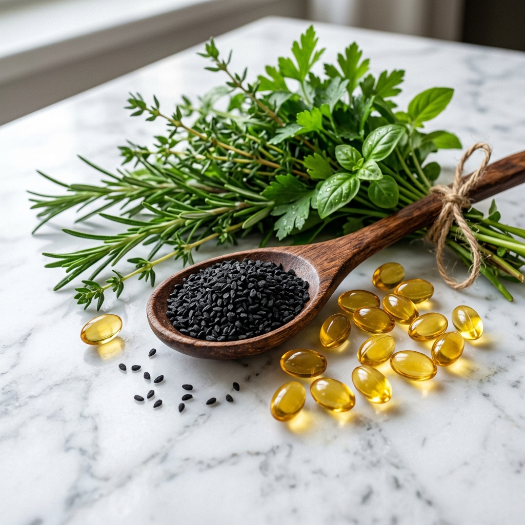 Rein pflanzliches Schwarzkümmelöl in Kapseln als Symbol für vegane Ernährung